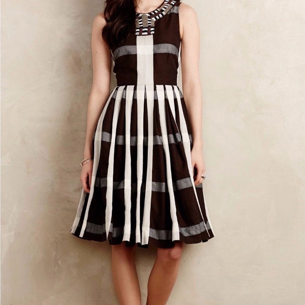 Maeve Brown & Ivory Plaid Pleated Skirt Midi Dress with Beaded Accents